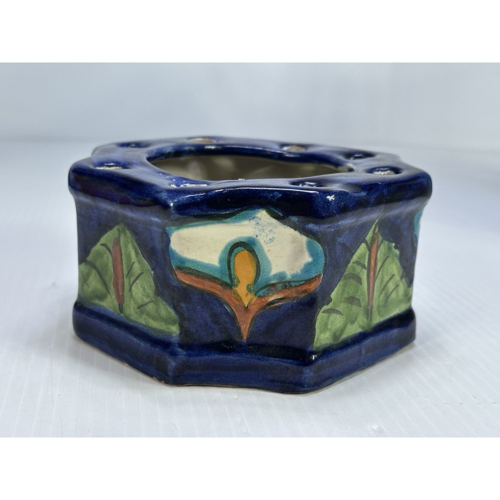 Talavera Mexican Pottery Hand Painted Octagon Flower Frog Vase Signed